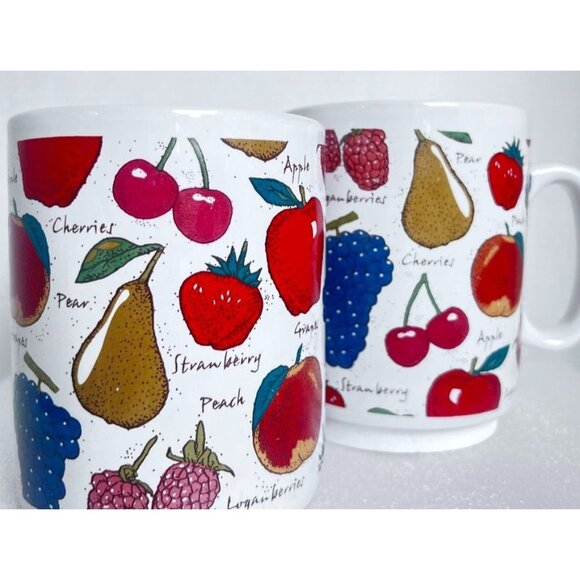 Set Of 2 24oz Ceramic Mugs Coffee Tea Soup Cereal Colorful Fruit Patterned HF97 - Picture 2 of 7